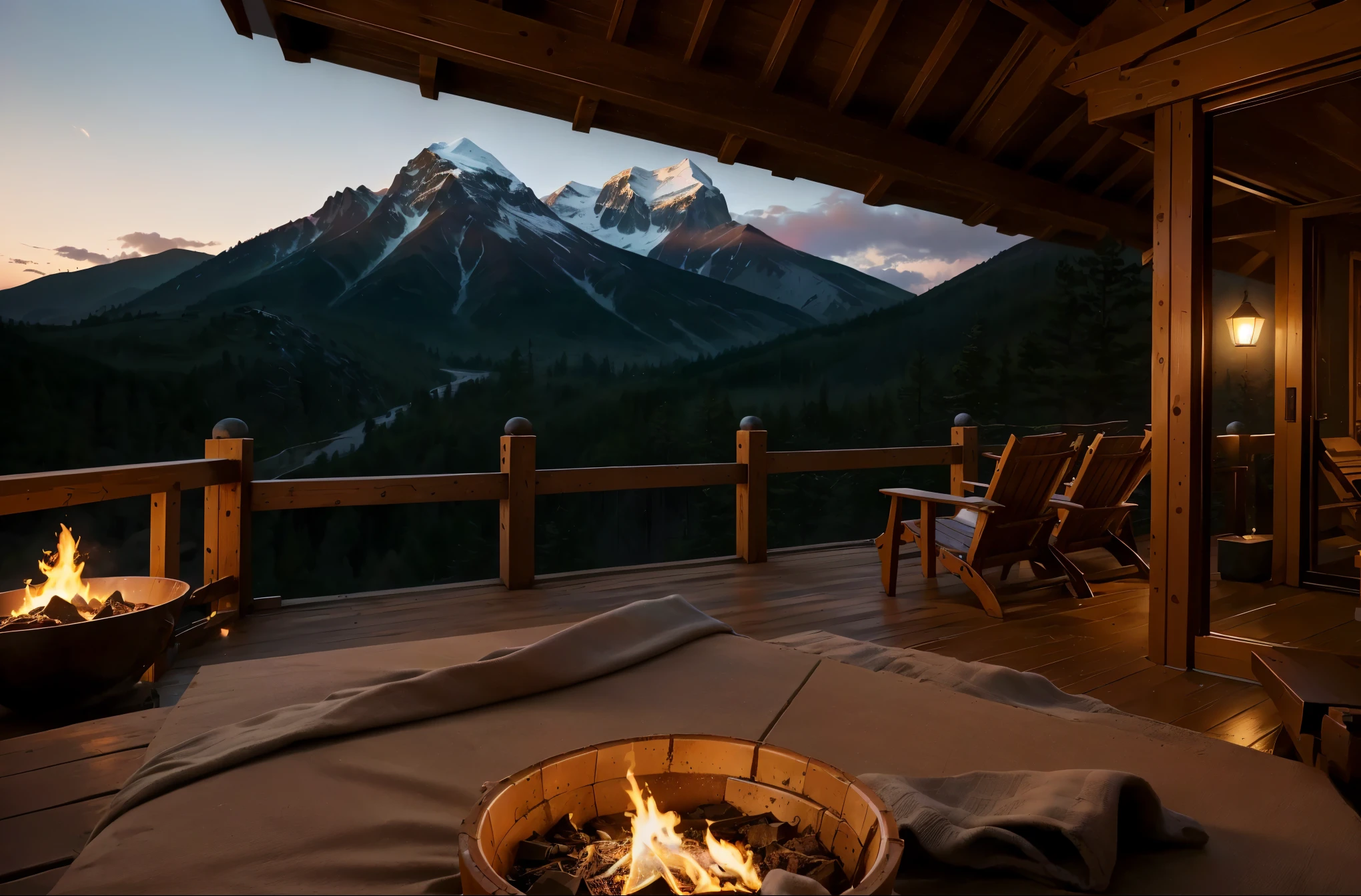 there's a bonfire on the deck of a cabin, log cabin beneath the alpess, fogo aceso, integrado nas montanhas, epic vision, ambiente aconchegante, cottage, banhado no brilho de um fogo, sunset view, Detailed panoramic view, ambiente detalhado, all in the amazing outdoors view, alpes, Incredible view, vista linda, ambiente aconchegante e tranquilo