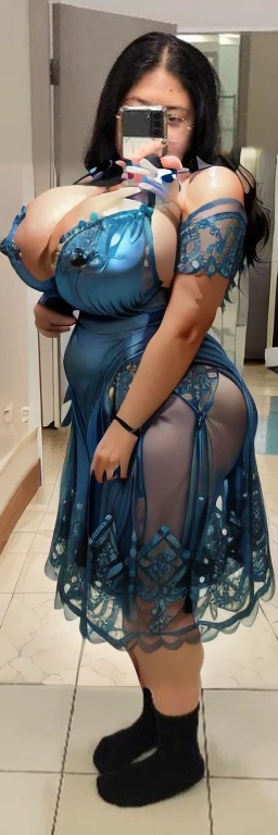araffe woman taking a selfie in a blue dress in a bathroom, wearing blue dress, long blue dress, blue dress, wearing a blue dress, a blue dress, full covered dress, sky - blue dress, wearing a plastic blue dress, in blue dress, posing!!, belly free teal dress, dressed in blue, laced dress, flattering photo, Big tits, huge tits, no clothes, sexy, cute, wide hips, thick thighs, pear-shaped body, minimal clothes, thick ass, bbw, chubby stomach, thick nipples, nipple piercings, large areola, hard nipples, piercing through shirt, nipples hard through shirt, thick hips, minimal clothes, work out girl, low cut v neck shirt with cleavage, fat chubby stomach, bikini, fat round stomach, from side