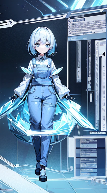 crystal ethereal mechanical girl, Futuristic girl, (CHARACTER SHEET), WHITE SHORT HAIR, BLUE EYES, COZY OUTFIT, ((dungarees)), colors black blue white red 