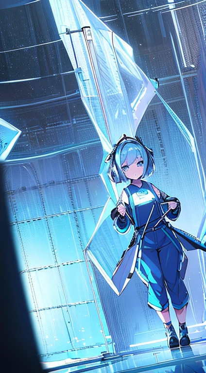 crystal ethereal mechanical girl, Futuristic girl, (CHARACTER SHEET), WHITE SHORT HAIR, BLUE EYES, COZY OUTFIT, ((dungarees)), colors black blue white red