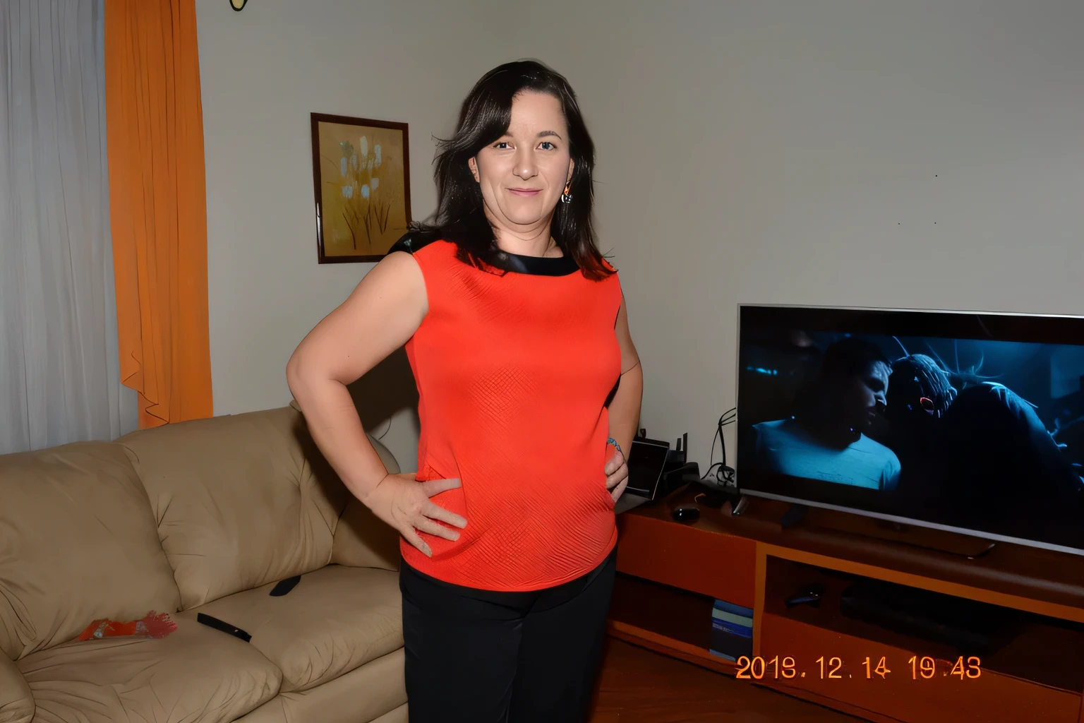 there is a woman standing in front of a tv in a living room, 3 0 years woman, she is about 6 0 years old, she is about 50 years old, 40 years old women, she is about 40 years old, she is about 4 0 years old, by Nándor Katona, pilar, (38 years old)
