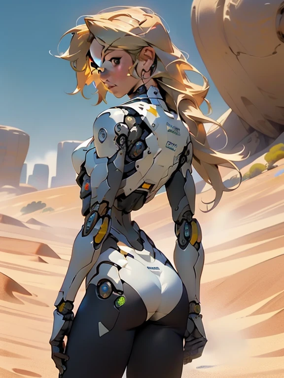 high quality, 4k, masterpiece, beautiful, cyborg girl, cowboy shot, dull eyes, back side, turning around to look at viewer, long blonde hair, girl, small breasts, fit thigh, robotic arms, robotic body, cyborg body, yellow accent, redaccent, intricate detail, joint, detailed lines, robotic detail, holding fist up, holding hand up as fist, color robotic parts, robotic parts with color, perfect fingers, on a desert planet, sunny background, colorful desert,