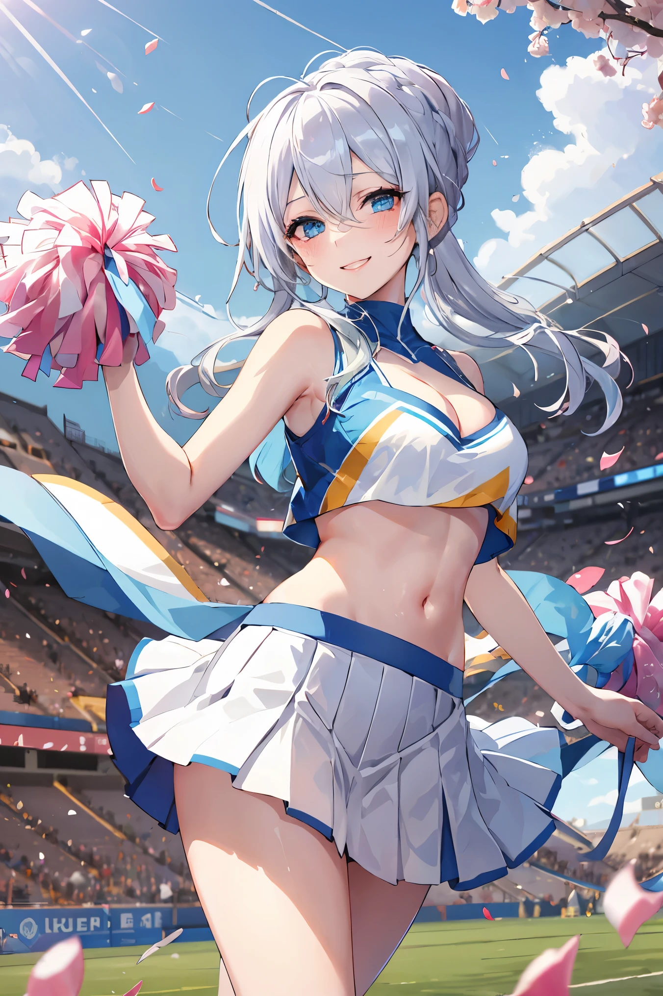 confetti, petals, falling petals, rose petals, cheerleader, 1girl, skirt, breasts, falling leaves, cherry blossoms, wind, day, cleavage, solo, navel, pom pom \(cheerleading\), smile, outdoors, leaves in wind, looking at viewer, pleated skirt, blush, sleeveless, debris, cloud, sky, blue sky, bare shoulders, petals on liquid, midriff, stadium, sleeveless shirt, shoes, wind lift, crop top, standing, shirt, leaf, clothes writing,leg up, white skirt, Silver hair and blue eyes,