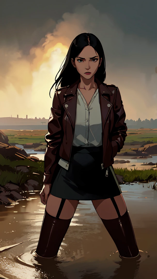 photorealistic, detailed, high quality, masterpiece, (woman in leather jacket, skirt, stockings with garters:1.4), (drowning in quicksand bog:1.3), (provocative, horny:1.2), cinematic lighting, dramatic, moody, dark fantasy, digital painting, 8K, hyper-detailed