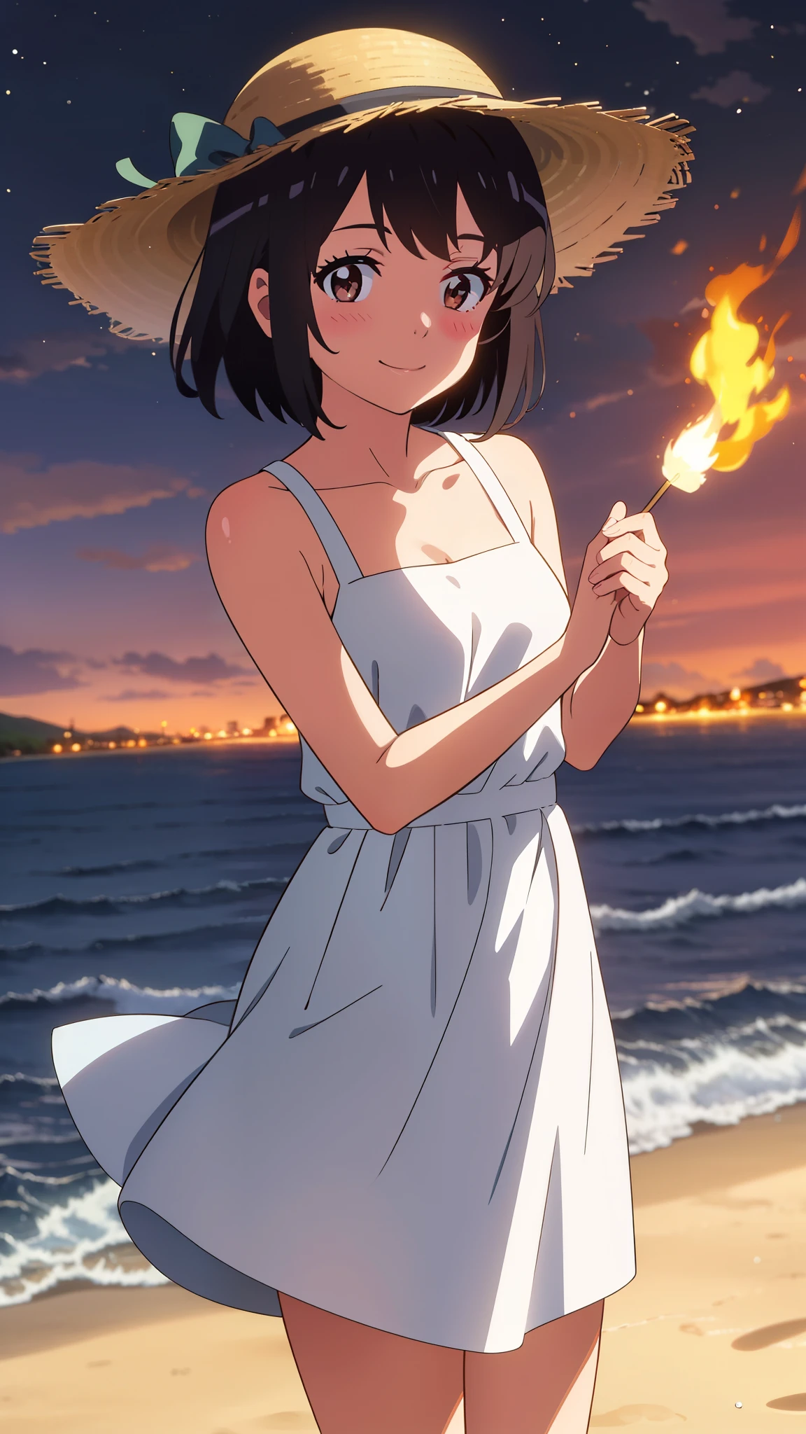 shinkai makoto, kimi no na wa., 1girl, bangs, black hair, blush, brown eyes, white dress, white skirt, straw hat, short hair, smile, cute, solo, looking at viewer, outdoors, night, summer night, beach, cloudy, dynamic light, torch fire, cowboy shot, masterpiece