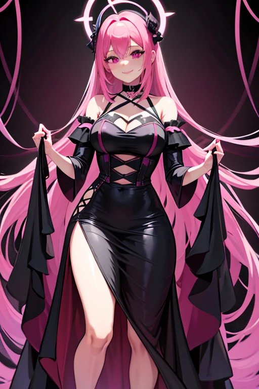 A pink haired woman with violet eyes and an hourglass figure in a cool gothic dress is posing on a magagzine with a big smile