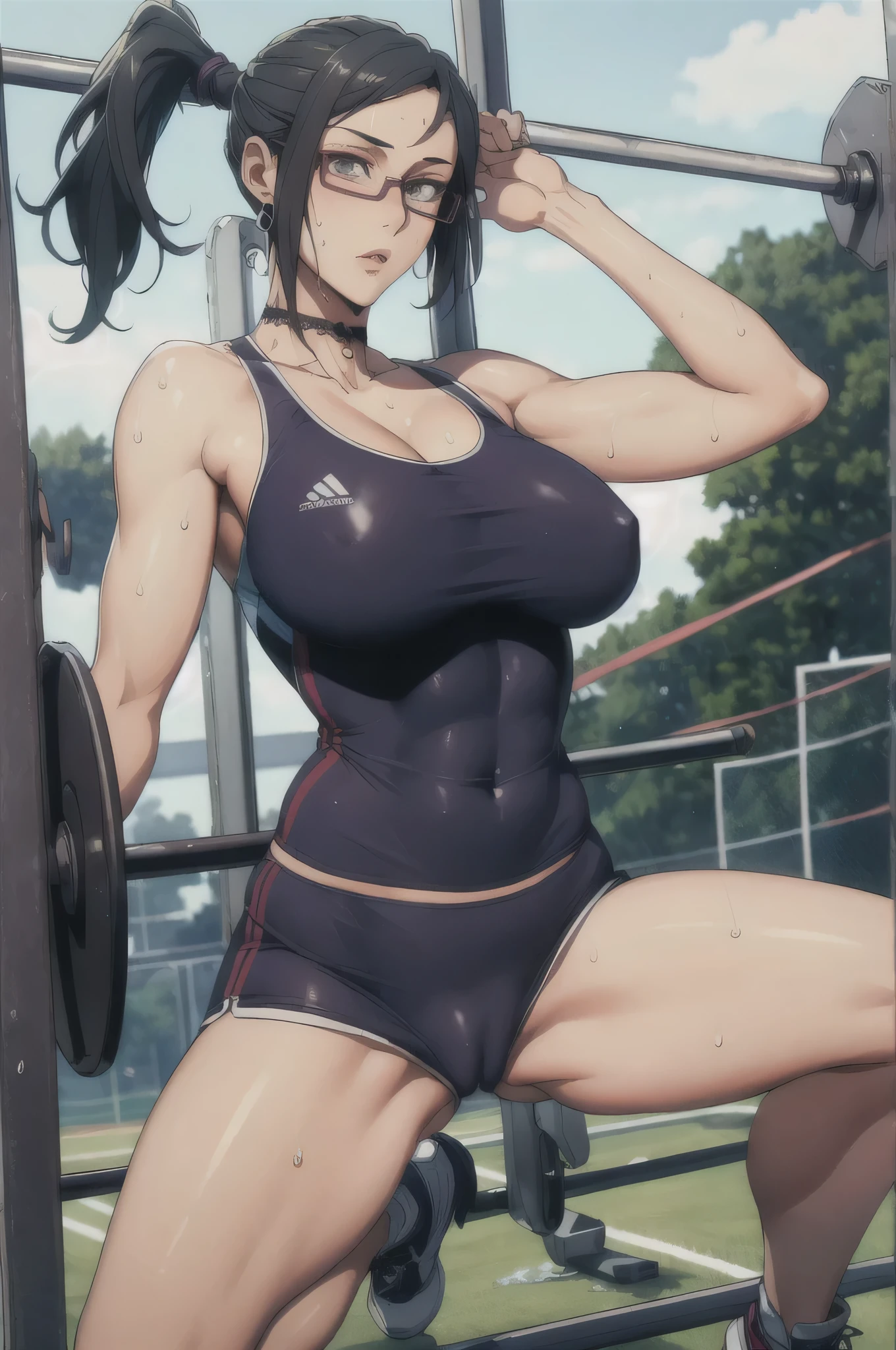((Correct Anatomy))、(Shorts)、((squat))、((Sweat))、Running wear cosplay、(((Vagina gets wet))),((sports gym)),Ultra-high resolution, Mature Woman, Mature Woman, Very detailed, ((Beautiful legs)), (Muscular),Perfect hands, Detailed fingers, Beautiful fine details, (((Sports Costumes)))、(Flashy lace string panties), ((Long Hair)),((ponytail)),Black choker, Earrings,(Big Breasts),Perfect Eyes, Seductive eyes, Glasses