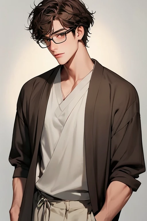 48-year-old boy, 1 person, Warm Skin, reddish brown eyes, Mature Face, whole bodyの肖像画, Short brown hair, Face focus, Adult, kimono, ((Bare chest:0.7)), Plain Kimono, A haggard smile, Fatigue, highest quality, Facial details., whole body, Lean body type, ((Are thin)), Glasses, Shaggy Hair, Perm, whole body, Thin chest