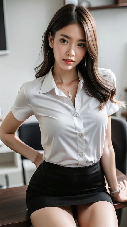 (High resolution 8K, Masterpiece, Only the best quality complicated details Chromatic aberration) realistic ((small breasts)) hair in one eye, purple eyes, big round hoop earrings, sharp eyes, Diamond choker, red gemstone, necklace, (symmetrical eyes), (Perfect symmetrical body), (Photos of beautiful girls, 21 years old), beautiful and charming with contemporary fashion drawings in the eyes of the viewer, ((Behind the large classroom) ), (black short skirt), (((tired ((white short sleeve shirt), ( Open the shirt and show off the small breasts.,Soft milk), no bra)), (open chest),)), ((black short pencil skirt )), (Long square leather belt), belly chain, ((Put your hands down)), (light brown bob, Chic, long brown hair, long blonde hair, cute hairstyle, (There is some hair covering the face.....)), sharp eyeliner, eyes, eyelid, Blush with thick eyelashes Very delicate and beautiful. round chin. Sharp focus. elegant. (Open your legs to reveal your panties..... In the middle of the study table.) (Open your legs by opening your legs......) (Open your legs and lift your right leg up...... your left leg (natural release) it'it'It's an interesting example....