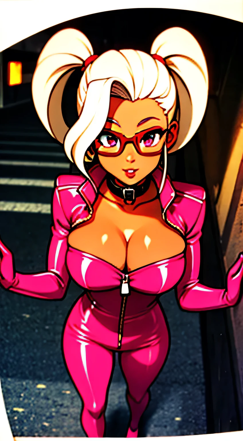 fisheye POV perspective, upper body photo of a blonde tall beautiful girl, double long ponytails in hair , long blonde hair, smooth one-piece zipper full body red latex body suit, latex sleeves, red latex gloves, huge eyes, cleavage open, zipper open, dark urban subway in the background, perfect body, collar bone, skinny, toned figure, smooth matte skin, round , red latex jumpsuit, blonde pigtails long hair, full lips, red outfit, shiny full lips, shiny nose, makeup