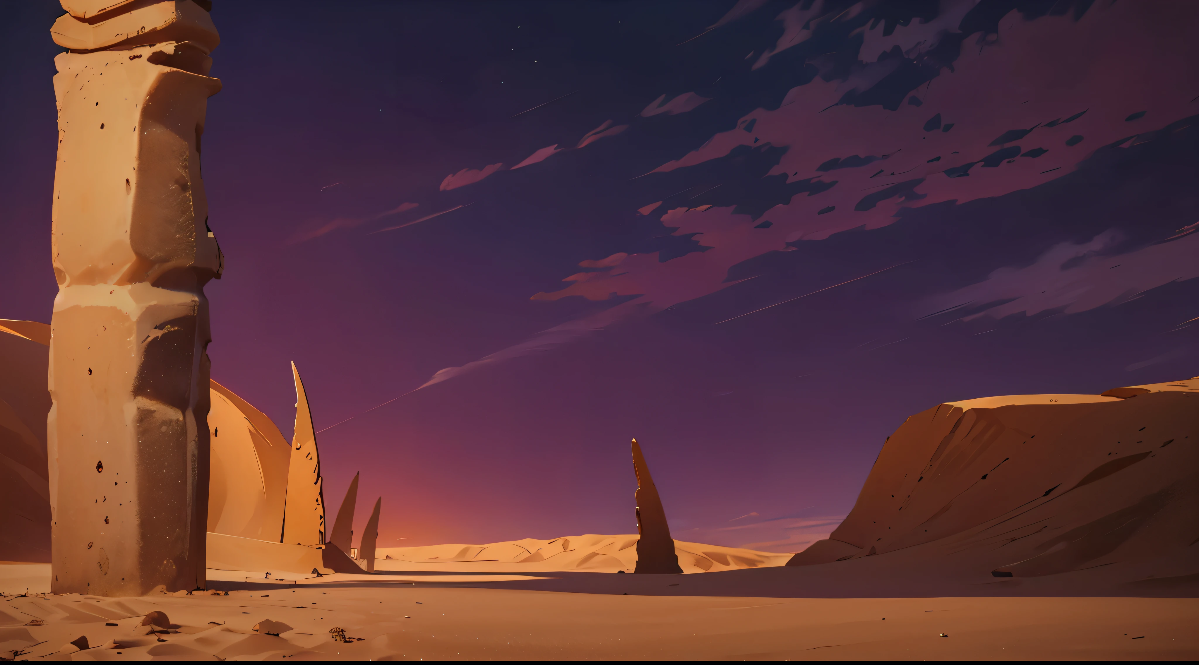 in the middle of desert, sand ground, sand mountain hill, (dead animal skeleton, dead animal bones), dawn time, day break sky, early morning, (high angle)