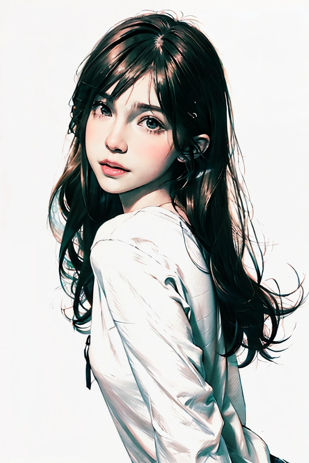 portrait,sketch,monochrome,Grayscale,((blush)),1 girl,((Cowboy shooting)),((close up)), ((Shut up)), Small lips,short hair,White sweatshirt, Moderate Room,1 Girl, Solitary, The lens is shot from bottom to top,Fisheye lens,Smile,Squint,Tyndall effect, bust, White long-sleeved sweatshirt, Long hair, Medium chest, brown hair, long hair, Very charming eyes, Viewer,permanent,Upper Body, ((Simple background)),White background,