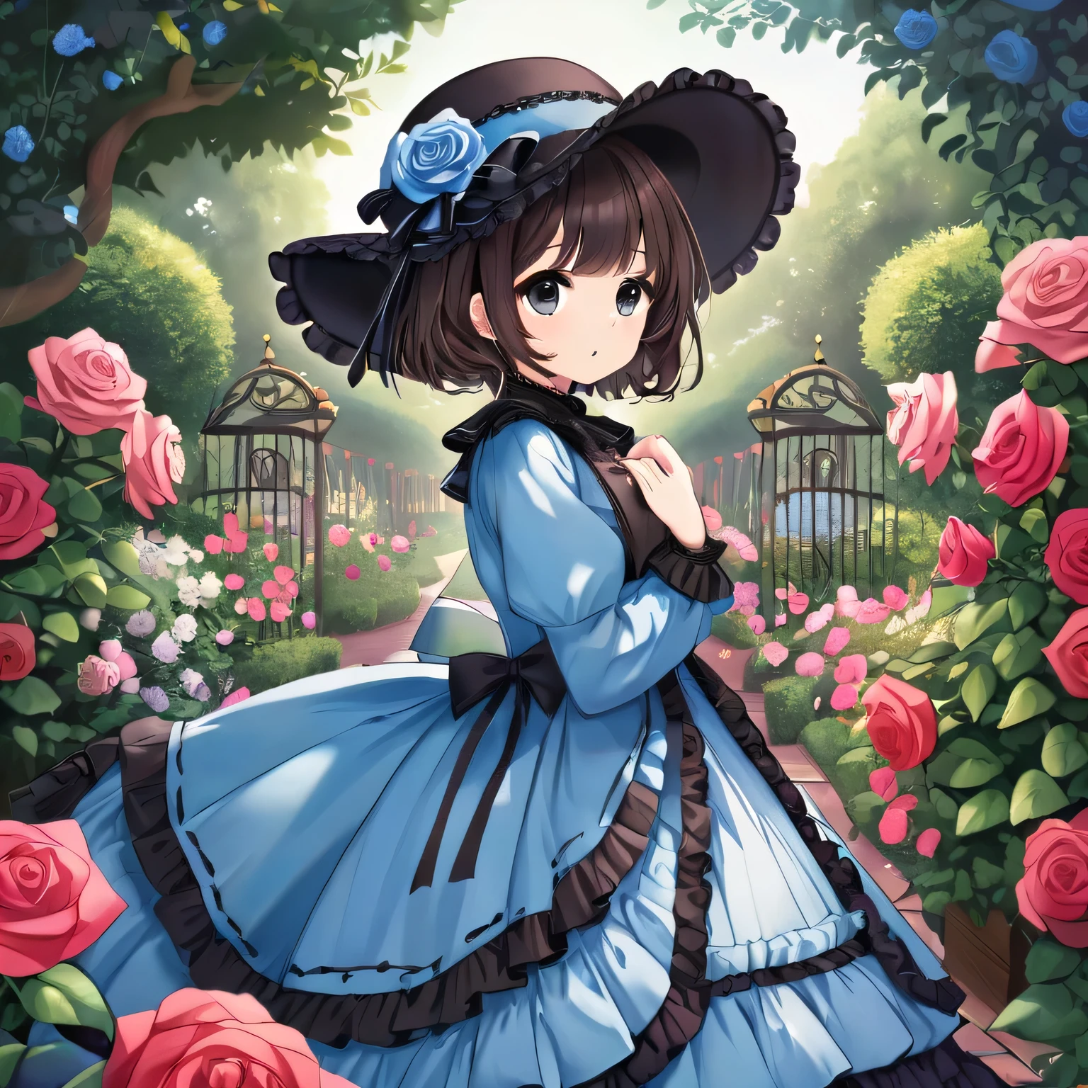 girl, dark brown short hair, blue maxi ta dress with hat, black eyes, rose garden, fantasy,