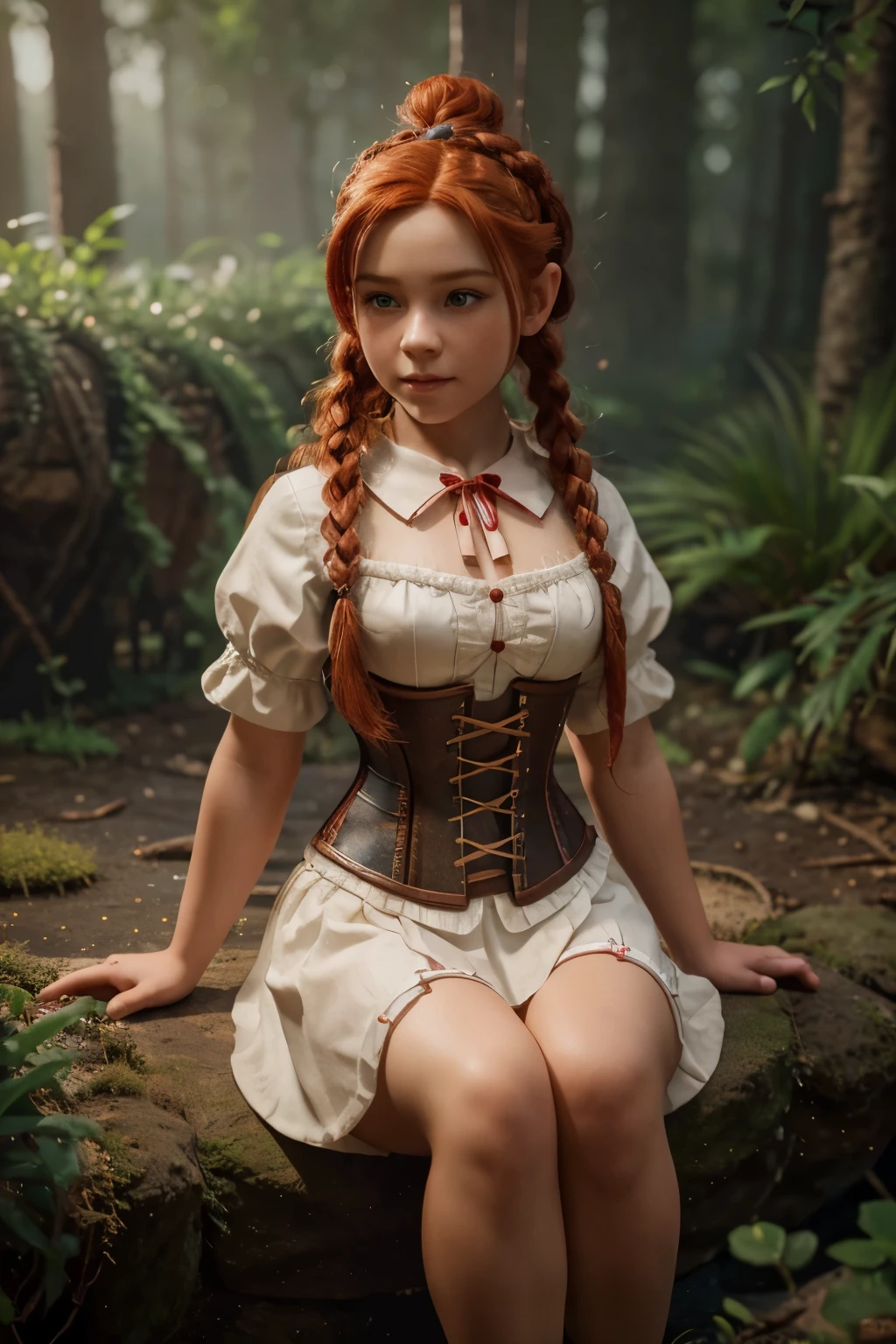 a small gnome girl with bright red hair in braids, wearing a corset and a white shirt, highly detailed, masterpiece, (best quality,4k,8k,highres,masterpiece:1.2),ultra-detailed,(realistic,photorealistic,photo-realistic:1.37),fantasy,intricate details,magical,whimsical,warm colors,soft lighting