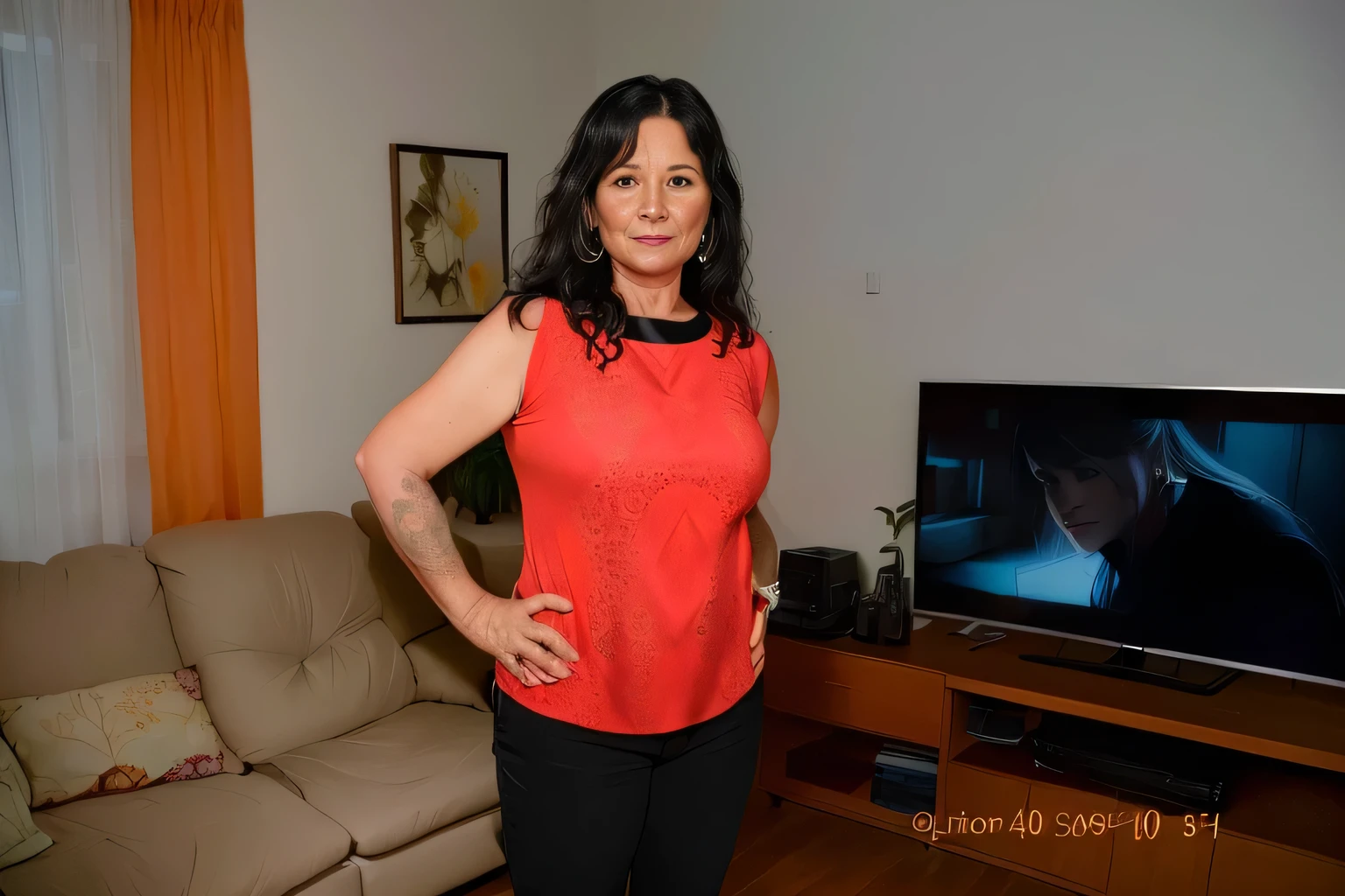 there is a woman standing in front of a tv in a living room, 40 years woman, she is about 40 years old, she is about 50 years old, 40 years old women, she is about 40 years old, she is about 40 years old, by Nándor Katona, pilar, (38 years old)