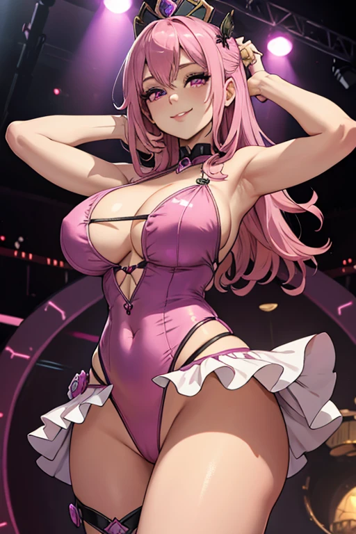 A pink haired woman with violet eyes and an hourglass figure in sexy pink dress is smiling on a stage