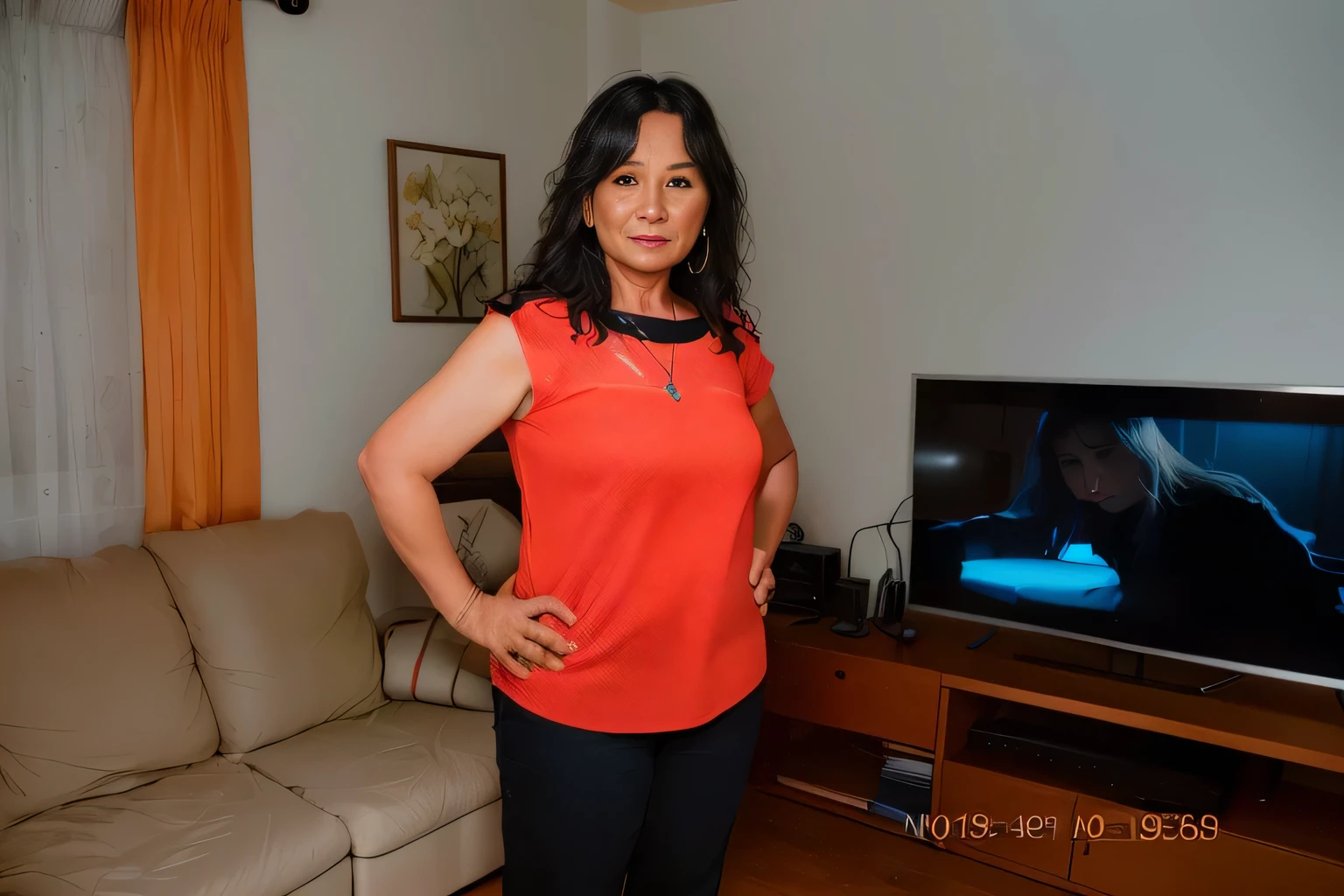 there is a woman standing in front of a tv in a living room, 40 years woman, she is about 40 years old, she is about 50 years old, 40 years old women, she is about 40 years old, she is about 40 years old, by Nándor Katona, pilar, (38 years old)