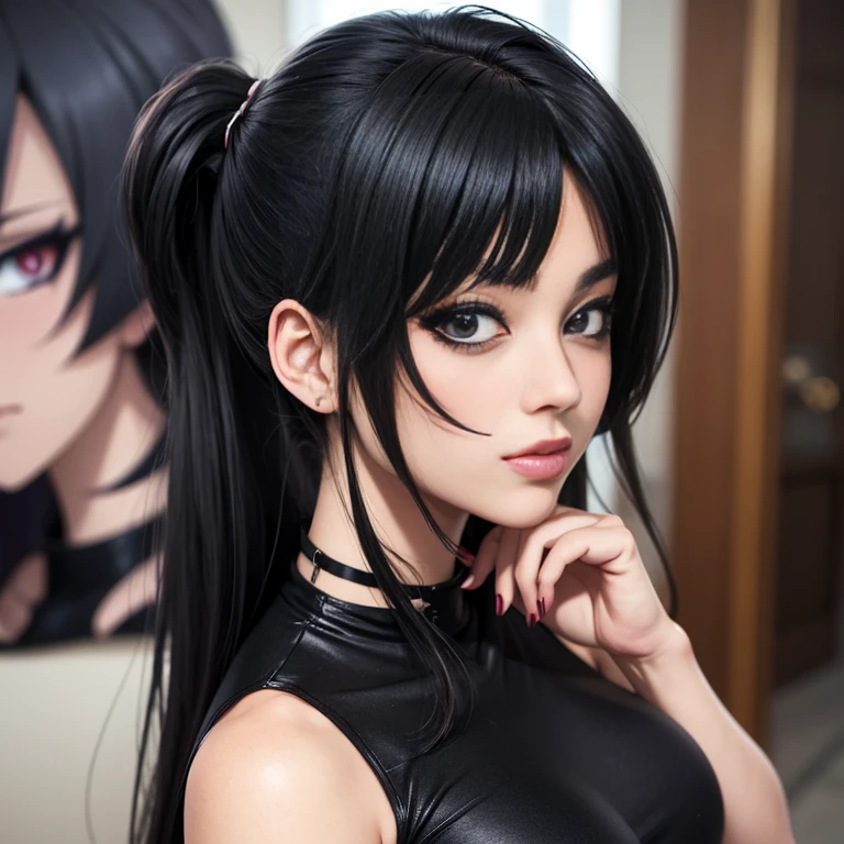 anime girl with black hair and black eyes in a black dress, in an anime style, in anime style, anime moe artstyle, anime style character, an anime girl, 1 7 - year - old anime goth girl, anime girl wearing a black dress, anime style portrait, anime styled, cel - shaded art style, sultry smirk, anime girl