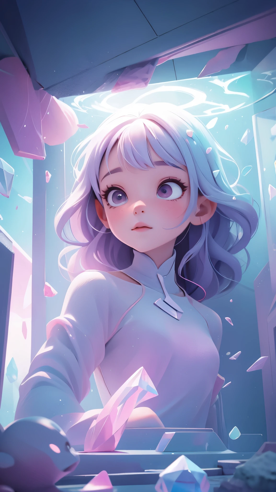 out-of-body girl, pass through the wall, Crystal clear body, pastel space