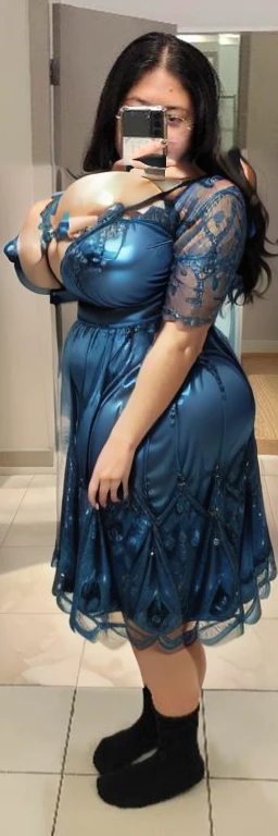 araffe woman taking a selfie in a blue dress in a bathroom, wearing blue dress, long blue dress, blue dress, wearing a blue dress, a blue dress, full covered dress, sky - blue dress, wearing a plastic blue dress, in blue dress, posing!!, belly free teal dress, dressed in blue, laced dress, flattering photo, Big tits, huge tits, no clothes, sexy, cute, wide hips, thick thighs, pear-shaped body, minimal clothes, thick ass, bbw, chubby stomach, thick nipples, nipple piercings, large areola, hard nipples, piercing through shirt, nipples hard through shirt, thick hips, minimal clothes, work out girl, low cut v neck shirt with cleavage, fat chubby stomach, bikini, fat round stomach, from side