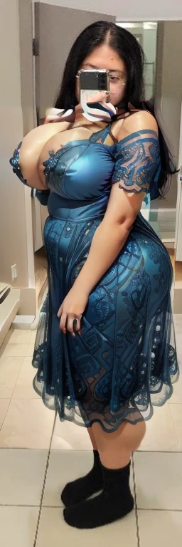 araffe woman taking a selfie in a blue dress in a bathroom, wearing blue dress, long blue dress, blue dress, wearing a blue dress, a blue dress, full covered dress, sky - blue dress, wearing a plastic blue dress, in blue dress, posing!!, belly free teal dress, dressed in blue, laced dress, flattering photo, Big tits, huge tits, no clothes, sexy, cute, wide hips, thick thighs, pear-shaped body, minimal clothes, thick ass, bbw, chubby stomach, thick nipples, nipple piercings, large areola, hard nipples, piercing through shirt, nipples hard through shirt, thick hips, minimal clothes, work out girl, low cut v neck shirt with cleavage, fat chubby stomach, bikini, fat round stomach, from side