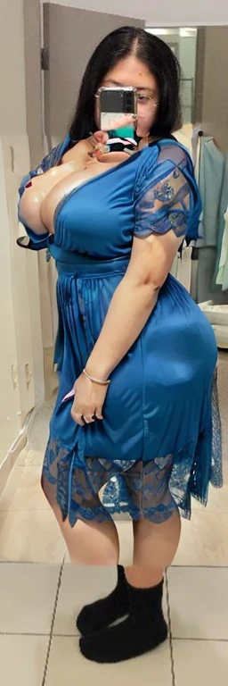 araffe woman taking a selfie in a blue dress in a bathroom, wearing blue dress, long blue dress, blue dress, wearing a blue dress, a blue dress, full covered dress, sky - blue dress, wearing a plastic blue dress, in blue dress, posing!!, belly free teal dress, dressed in blue, laced dress, flattering photo, Big tits, huge tits, no clothes, sexy, cute, wide hips, thick thighs, pear-shaped body, minimal clothes, thick ass, bbw, chubby stomach, thick nipples, nipple piercings, large areola, hard nipples, piercing through shirt, nipples hard through shirt, thick hips, minimal clothes, work out girl, low cut v neck shirt with cleavage, fat chubby stomach, bikini, fat round stomach, from side