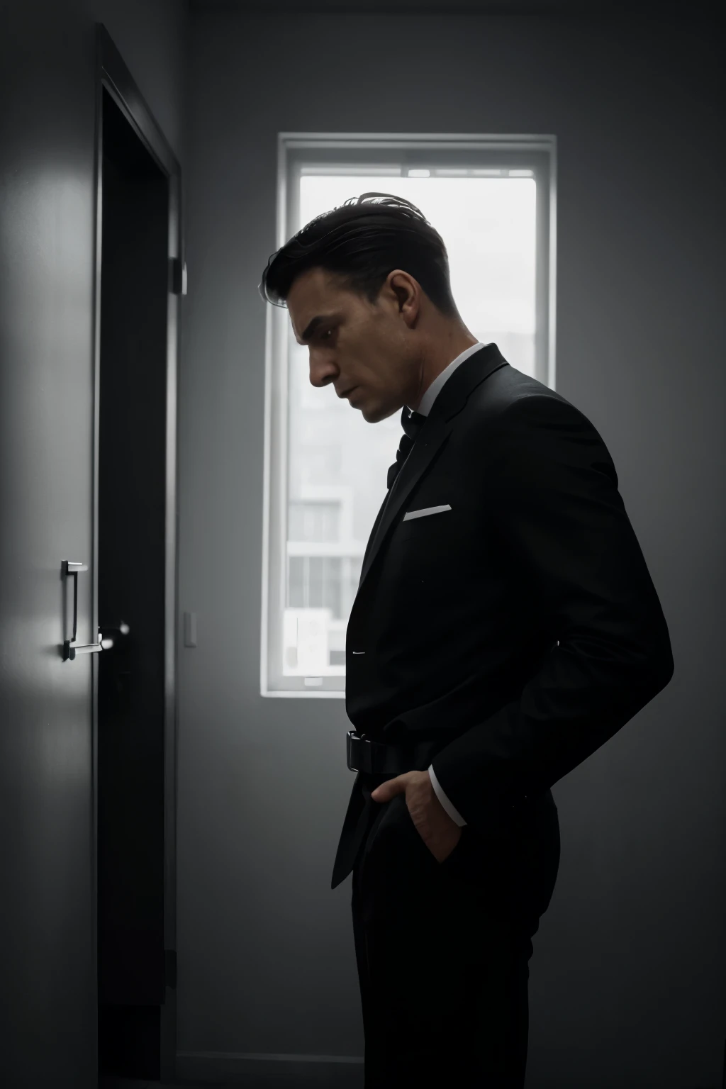 (Best quality, Ultra-detailed: 1.2)
High dynamic range (HDR), monochrome, film noir-inspired, cinematic profile picture, a person, mid-age, fitted black personal development suit, crisp and sharp details, tailored fit, minimalist design, modest lapel pin, belt loop, polished black shoes, leaning against a sleek, modern backdrop, low-key lighting, dramatic shadows, side profile view, strong jawline, thoughtful expression, slightly furrowed brow, introspective gaze, profound depth, photorealistic, intricate textures, black and white film grain, golden hour ambience, subtle highlights, clean