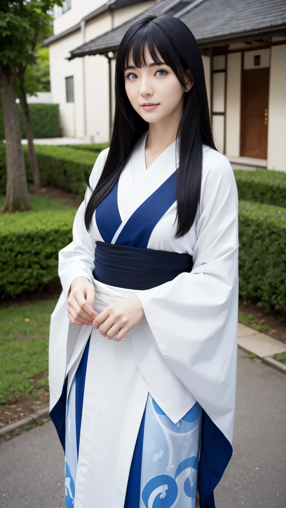 The image shows a woman with almost half of her body, selfie style in front of a DSLR camera, high resolution, clear photo quality, HD with striking blue eyes. His skin is white, and long straight black hair. This character is Hinata Hyuga, in the anime Naruto Shipunden. Transform her into a realistic character, wearing a Japanese kimono. beautiful and smooth face. funny, original, realistic, set in a Japanese residential street, very real, very detailed body, perfect body, thin smile expression, elegant face, detailed