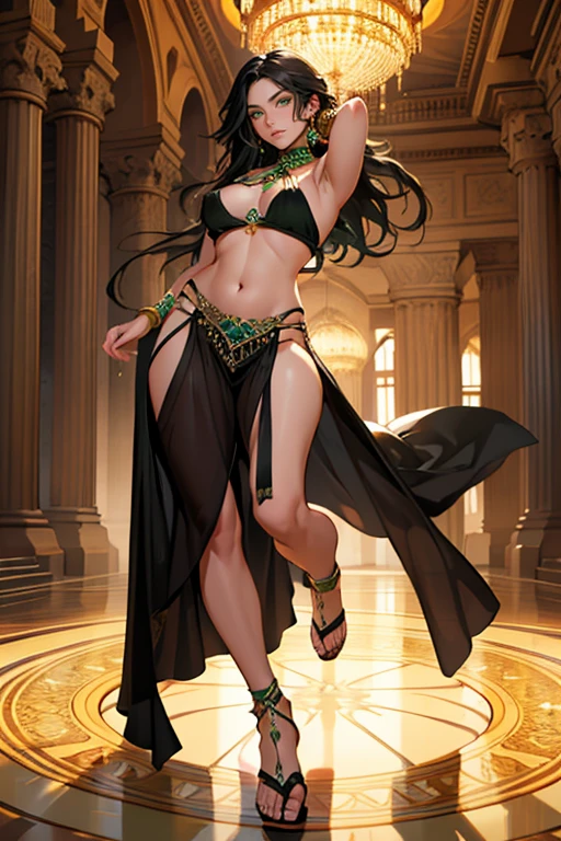 (masterpiece, Best quality, a high resolution, ultra detailed),(Beautiful and aesthetically pleasing:1.2), detailed eyes and face, whole body, 1 woman, adult, (black long hair), (green eyes), female body, Beautiful body, perfect body,  harem suit, belly dancing costume, harem, dancer, sandals, belly dance 
