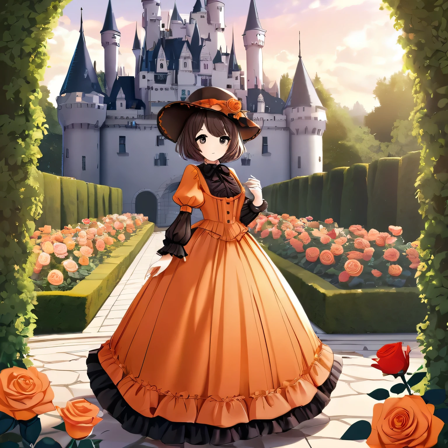 girl, dark brown short hair, orange maxi ****ta dress with hat, black eyes, castle,rose garden, fantasy, 