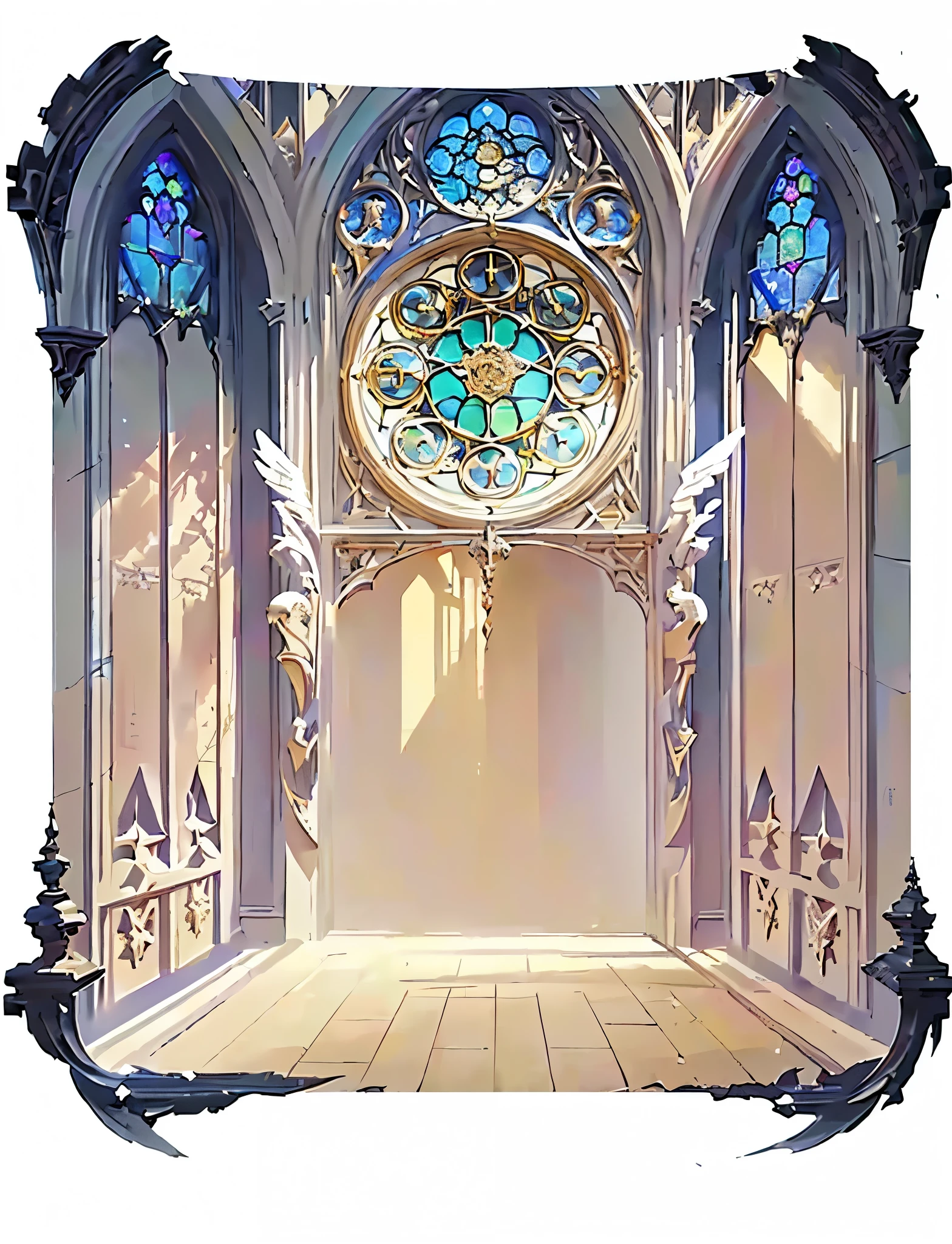 There is a photo of a Gothic window，There is a clock on it, Entering the Etheric Realm, Portal to the Etheric Realm, Majestic mysterious gate, Magic Gate, Animation New Art Universe Display, Concept Art Magic Highlights, Stunning mysterious background, gate of heaven,  art nouveau environment, Neo-Gothic concept, gold gates of heaven!!!!!!!!, ethereal art deco