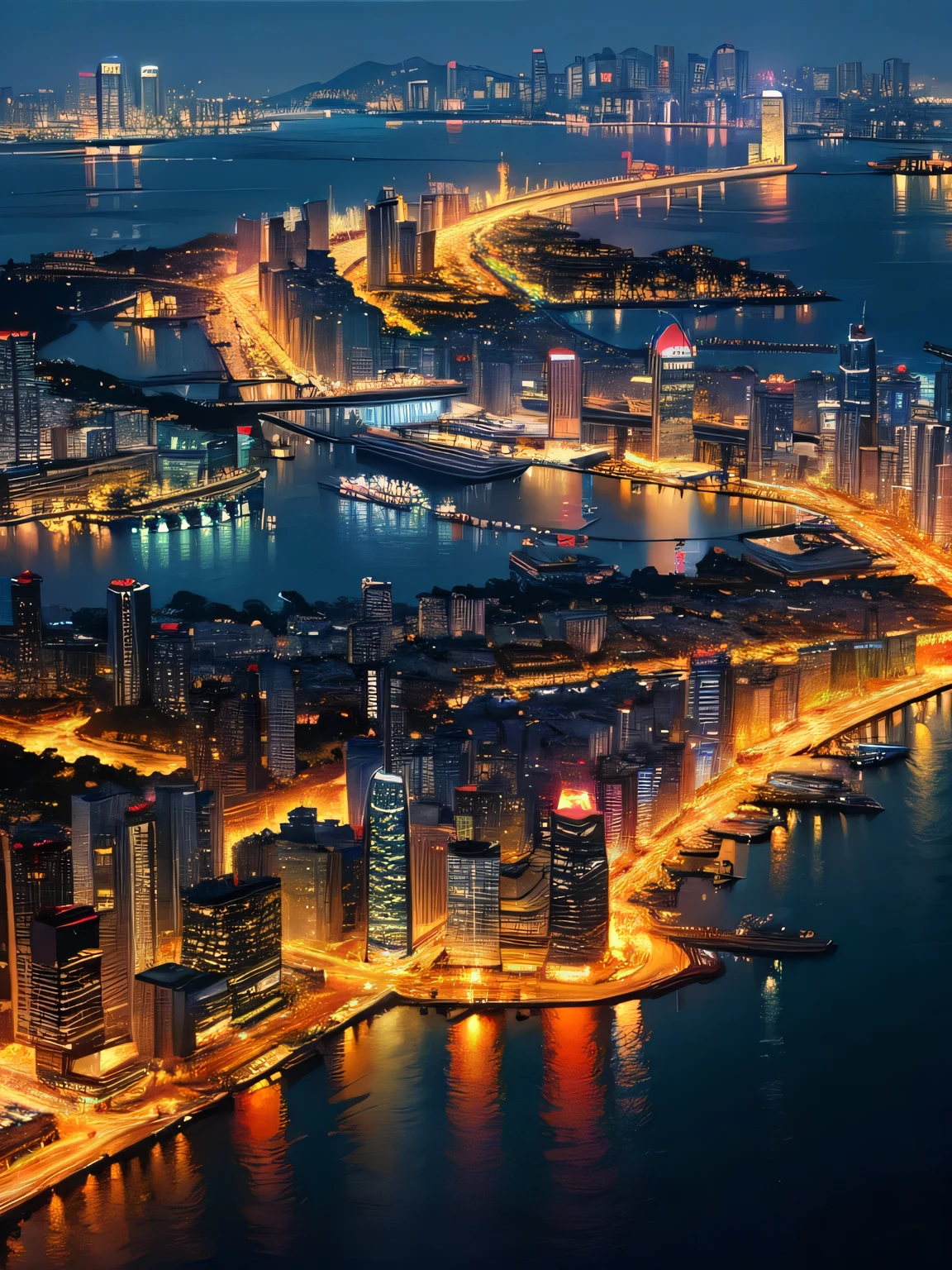 Beautiful digital art, Detailed painting 4k, Highly detailed digital painting, Rich, picturesque colors,A million-dollar night view from above,Hongkong