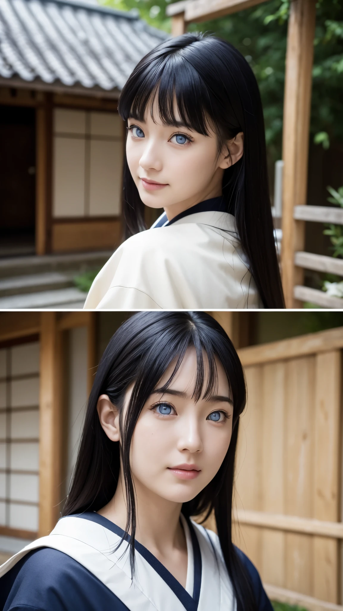 The image shows a woman with almost half of her body, selfie style in front of a DSLR camera, high resolution, clear photo quality, HD with striking blue eyes. His skin is white, and long straight black hair. This character is Hinata Hyuga, in the anime Naruto Shipunden. Transform her into a realistic character, wearing a Japanese kimono. beautiful and smooth face. funny, original, realistic, set in a Japanese residential street, very real, very detailed body, perfect body, thin smile expression, elegant face, detailed