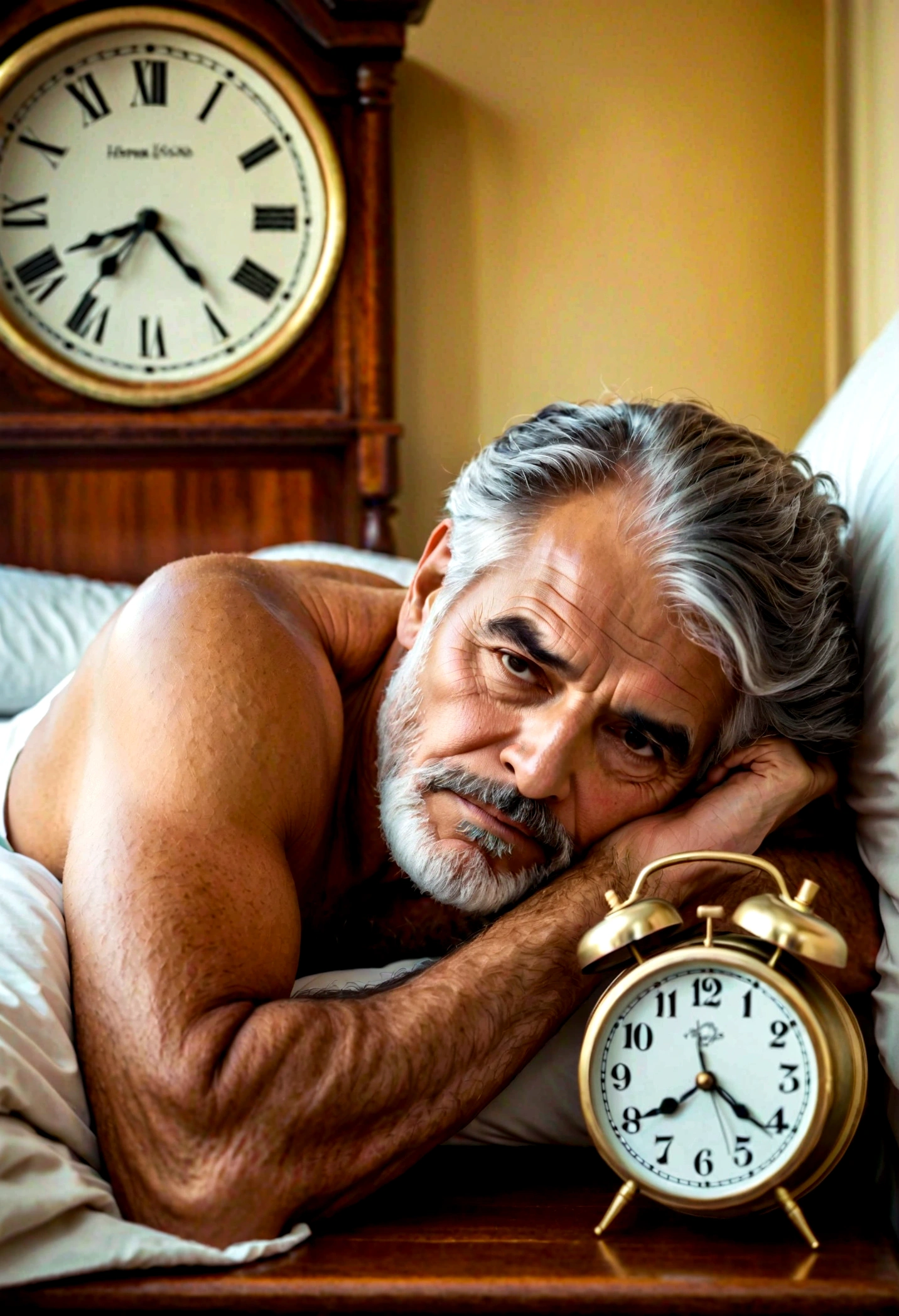 homem idoso (65anos), cabelos escuros e barba grisalha, acorda na cama (clock shows 10 am) sleepy looking - the room is quite messy