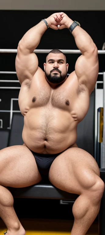 There's a man sitting on a bench in a gym, em uma academia, heavy appearance, encorpado, He's strong, He's chubby, muscular, He's bald with a mustache, barba a fazer, , encorpado, parrudo, ele tem cerca de 58 anos idade, ele tem cerca de 58 anos, co grandes, malhar, Gold neckband earphones, watch bracelet full body tattoos , he is facing the viewer, view from below, fotografia de Corpo completo imagem de corpo completo, Dynamic photography. Fotografia mostrando todo o corpo do modelo. Only plump, chubby, extremely thick thighs, large belly, fat, gray.