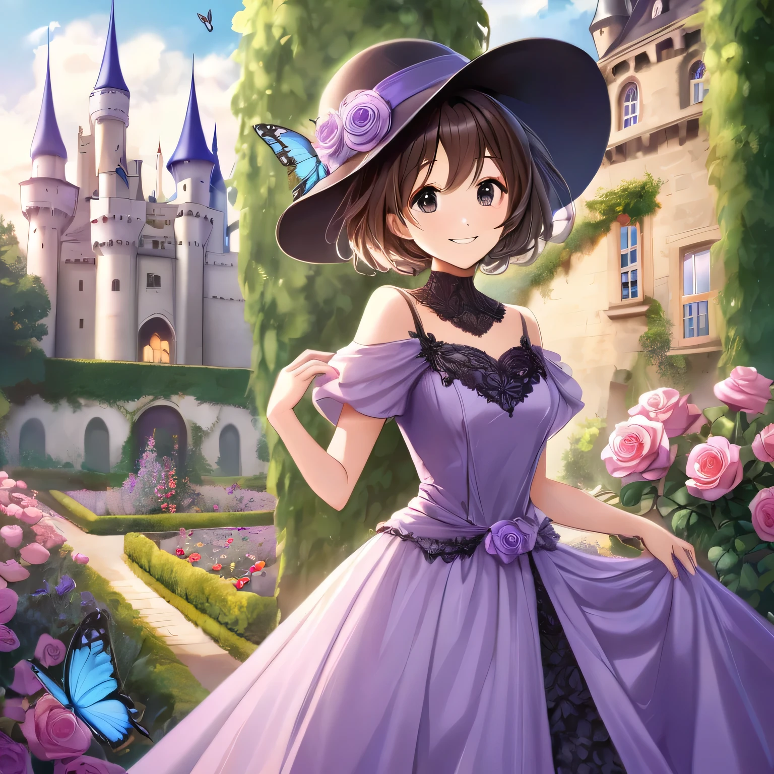 girl, dark brown short hair, lavender gown, with hat, black eyes, castle,rose garden, fantasy, smile, butterfly