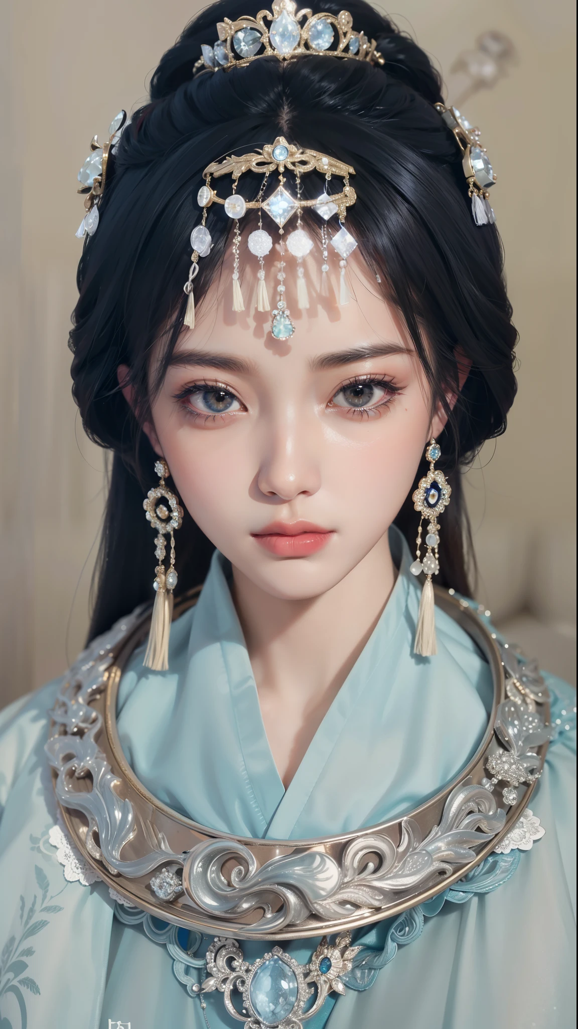 Royal sisters，精致of眼睛，Frozen Queen，把王冠戴在你of头上，详细of面部表情，Tall and big，Glamorous characters，Leg length，4k，Ultra-clear，of，White translucent lace，白皙of皮肤，Little cherry mouth，Beautiful and cute，精致of图片，丰富of面部细节，佩戴华丽of珠宝，Royal Princess，闪闪发光of宝石项链，奢华of装饰，Athena goddess，Chinese Princess，精致of苗族银饰