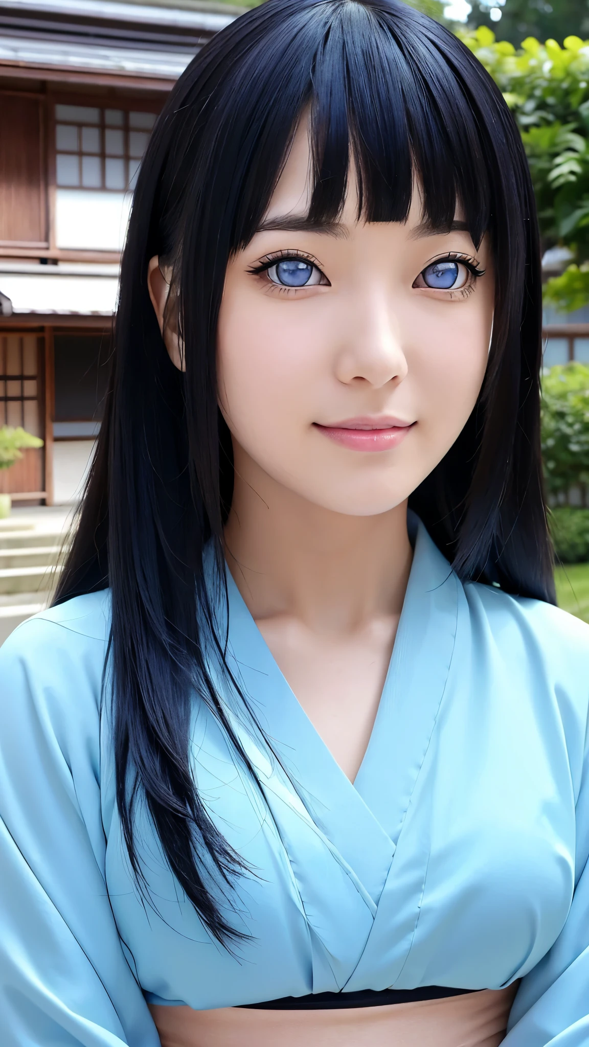 The image shows a woman with almost half of her body, selfie style in front of a DSLR camera, high resolution, clear photo quality, HD with striking blue eyes. His skin is white, and long straight black hair. This character is Hinata Hyuga, in the anime Naruto Shipunden. Transform her into a realistic character, wearing a Japanese kimono. beautiful and smooth face. funny, original, realistic, set in a Japanese residential street, very real, very detailed body, perfect body, thin smile expression, elegant face, detailed