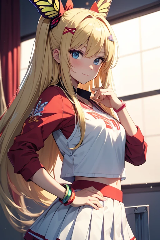 1girl blonde hair and a butterfly clip,Cheerleader with butterfly hair clip, Create an anime-style illustration featuring a Gacha character with blonde hair and a distinctive butterfly hair clip,Hair Color: Blonde. - Style: Long and flowing, with a noticeable butterfly clip on the side. - Accessories: Red bow and butterfly clip.Eyes: Large and expressive, typical of the anime style, with a determined look.(wearing),+,Clothes,Costume: Red and white cheer uniform, including skirt and top with matching details. - Accessories: Additional red elements, such as bracelets or ribbons, to complement the uniform. **Pose:** - Body Language: The character must be standing with one hand on their hip, exuding confidence. The other hand can be placed casually at her side or raised slightly, as if she is about to make a statement. **Background:** - Setting: A vibrant and dynamic school environment, possibly a gymnasium or classroom, that complements the cheerleading theme. - Colors: Bright and cheerful colors that enhance the character's appearance without overshadowing it. **Art Style:** - Traditional anime style with clean lines and bright, vivid colors. - Focus on detailed hair and facial features to capture the character's personality. - Incorporate highlights and shadows to give the character a three-dimensional appearance. **Additional Elements:** - **Butterfly hair clip:** Make sure the butterfly hair clip is prominent and detailed, with intricate patterns and colors that stand out. - **Expression:** Emphasize the character's mischievous smile and confident demeanor, capturing her attitude and presence. - **Lighting:** Use dynamic lighting to highlight the character's features and make them the focal point of the illustration. --- Use this prompt to create a detailed and captivating anime-style illustration of the Gacha character with blonde hair and butterfly clip, perfect for showcasing your unique style and personality.