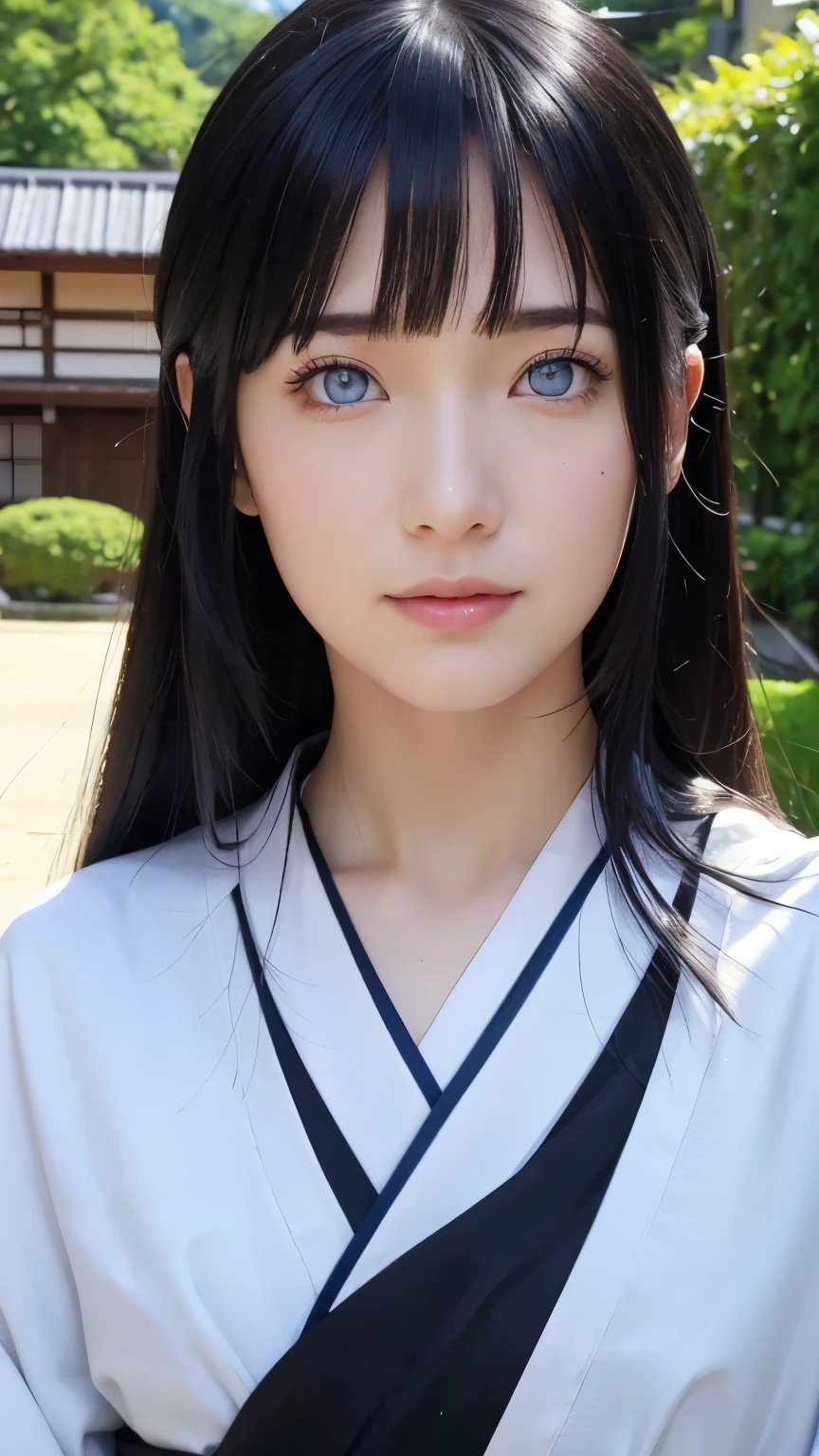 The image shows a woman with almost half of her body, selfie style in front of a DSLR camera, high resolution, clear photo quality, HD with striking blue eyes. His skin is white, and long straight black hair. This character is Hinata Hyuga, in the anime Naruto Shipunden. Transform her into a realistic character, wearing a Japanese kimono. beautiful and smooth face. funny, original, realistic, set in a Japanese residential street, very real, very detailed body, perfect body, thin smile expression, elegant face, detailed