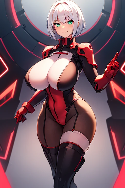 1girl, white hair, very short hair, red bodysuit, bodysuit, green eyes, futuristic, machinery, science-fiction, huge breasts, toned, breasts, thick thighs, smile, thighhighs, black thighhighs, ((black thighhighs)), neon trim, neon, neon lights, ((red bodysuit)), mature female, pantyhose, ((pantyhose))