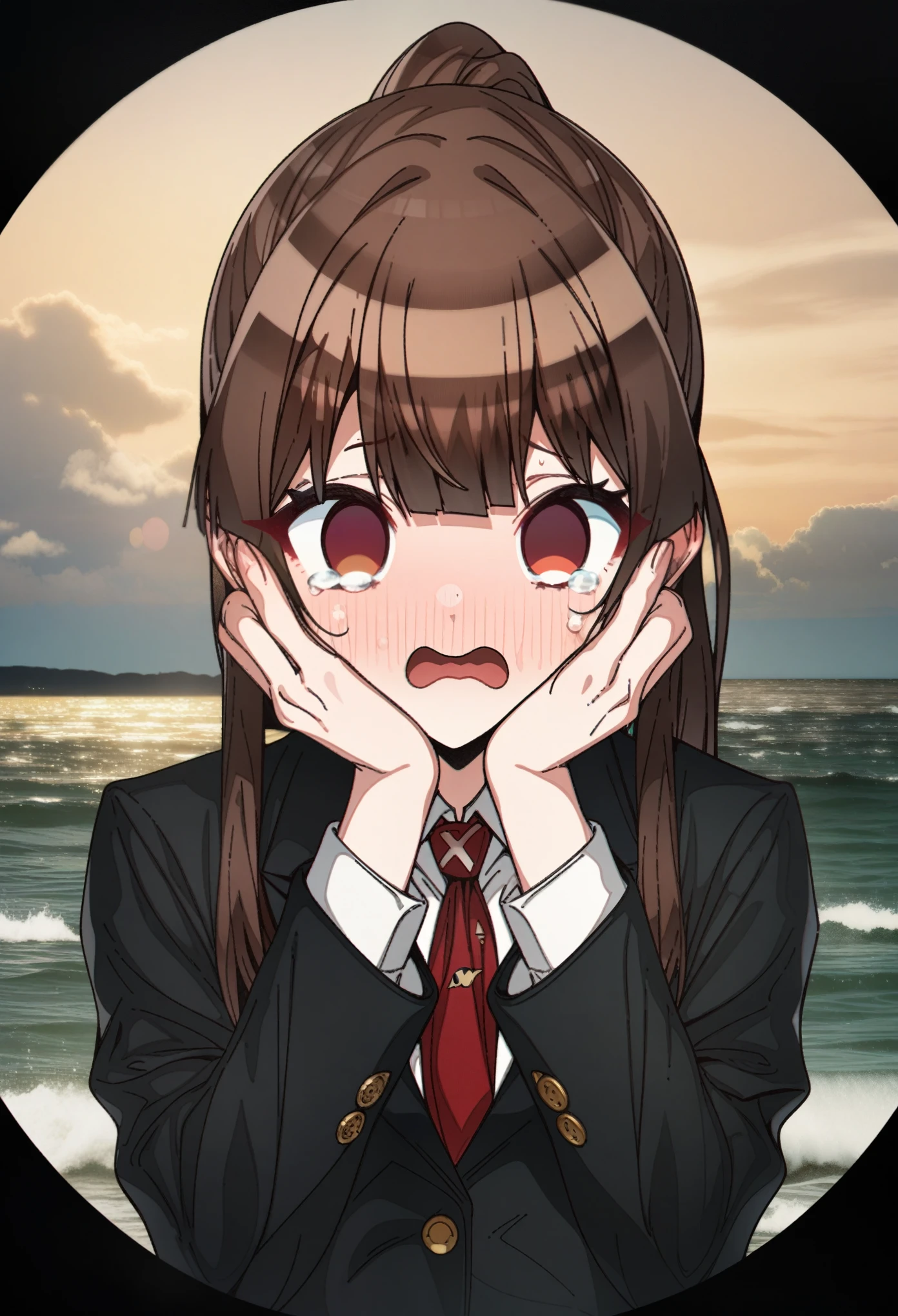 Houshou_marine with brown hair and hazel eyes, Artist, erere, Copyrights, idolmaster, idolmaster_shiny_colors, Character, General, 1girl, brown_hair, medium_breasts, breasts, long side_bangs, ponytail, detailed eyelashes, beautiful girl:1, hazel_eyes, censored, clouds, detailed background, school_uniform, black skirt, black blazer, black_sleeves, pleated skirt:1.2, blazer, red tie, medium shot photography:1.1, standing in middle:1.1, sea, sky:1.5, round_eyes, detailed, outdoors, looking_at_viewer, masterpiece, best_quality, great_quality, girl, solo, center_composition, centered character, cute, tears, crying, wide-eyed, empty_eyes, sad, hands_on_face, open_mouth top_teeth
