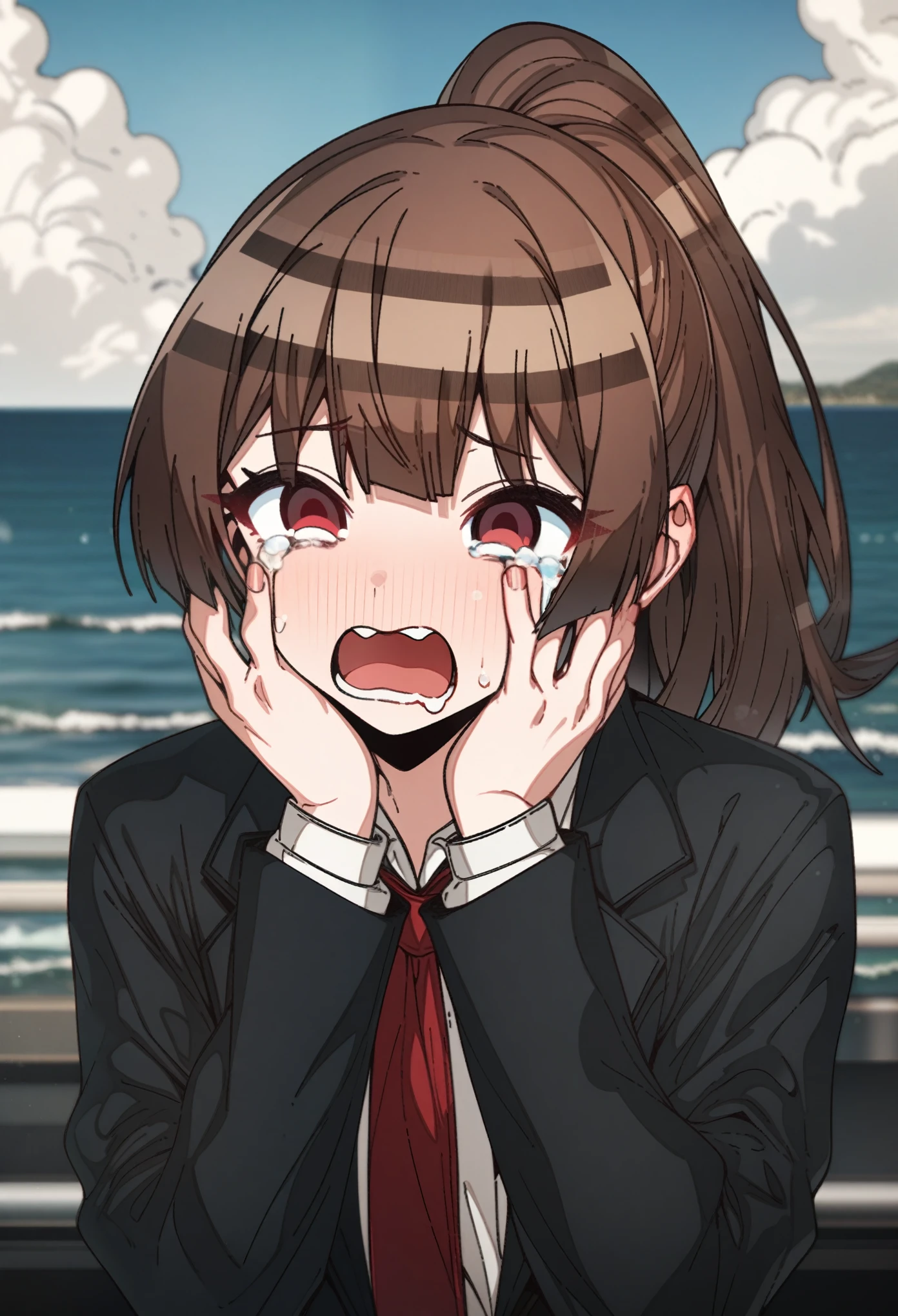 Houshou_marine with brown hair and hazel eyes, Artist, erere, Copyrights, idolmaster, idolmaster_shiny_colors, Character, General, 1girl, brown_hair, medium_breasts, breasts, long side_bangs, ponytail, detailed eyelashes, beautiful girl:1, hazel_eyes, censored, clouds, detailed background, school_uniform, black skirt, black blazer, black_sleeves, pleated skirt:1.2, blazer, red tie, medium shot photography:1.1, standing in middle:1.1, sea, sky:1.5, round_eyes, detailed, outdoors, looking_at_viewer, masterpiece, best_quality, great_quality, girl, solo, center_composition, centered character, cute, tears, crying, wide-eyed, empty_eyes, sad, hands_on_face, open_mouth top_teeth
