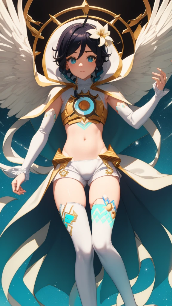 ventiarc, hair flower, crop top, bridal gauntlets, hooded capelet, white shorts, single thighhigh, midriff, naked, tight clothing, see through, small tits, 1 girl, solo, sweat, cameltoe,