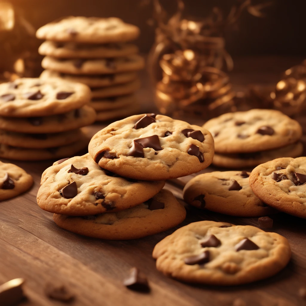 (no human), (masterpiece), (high detail), (highest resolution), (chocolate), (cookies), (delicious), (scenery), cinematic lighting, realistic, CG 8K wallpaper, UHD, Octane render, chocolate chip cookies on a pristine wooden table, exquisite textures, mouthwatering details, warm golden-brown cookies with melting chocolate chunks, soft shadows, play of light on the cookies, inviting aroma, sumptuous treat for the eyes, indulge in the visual delight.