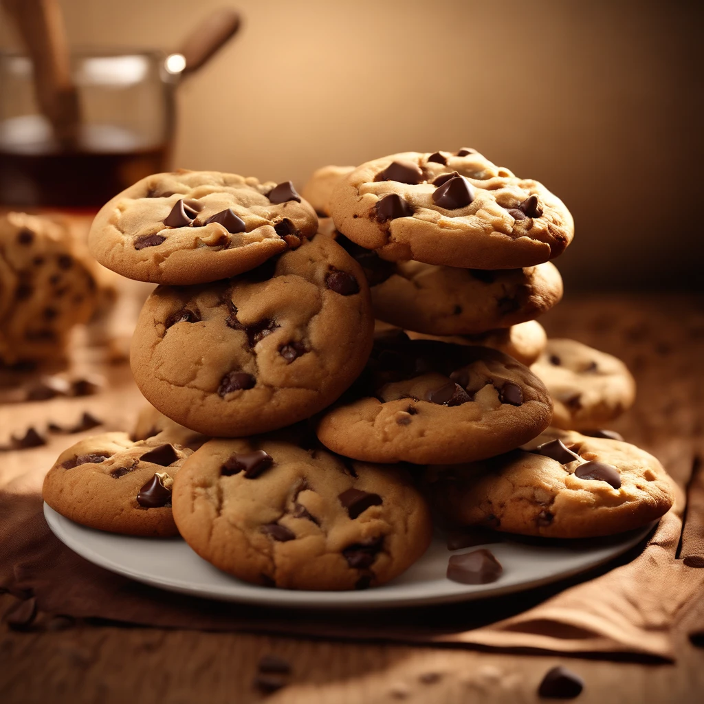 (no human), (masterpiece), (high detail), (highest resolution), (chocolate), (cookies), (delicious), (scenery), cinematic lighting, realistic, CG 8K wallpaper, UHD, Octane render, chocolate chip cookies on a pristine wooden table, exquisite textures, mouthwatering details, warm golden-brown cookies with melting chocolate chunks, soft shadows, play of light on the cookies, inviting aroma, sumptuous treat for the eyes, indulge in the visual delight.