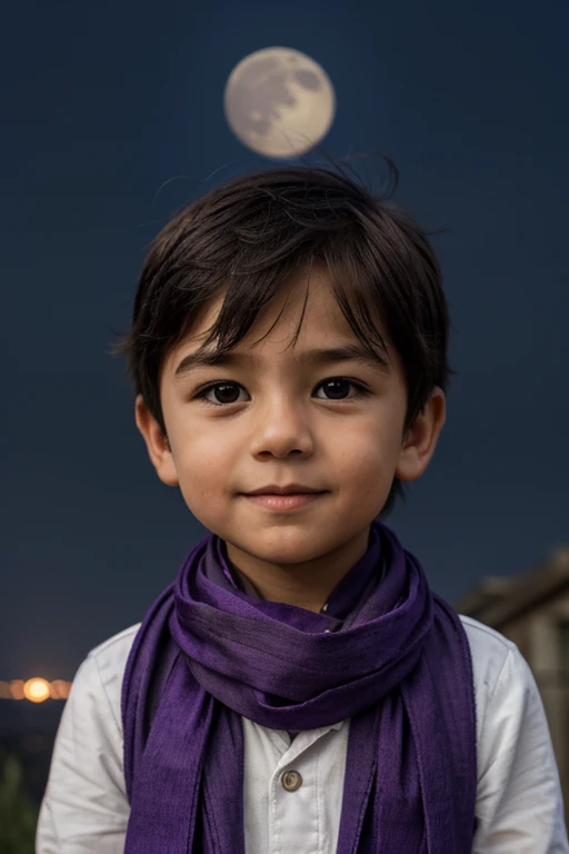 Little boy with a purple thin scarf around his neck, Looking at the moon