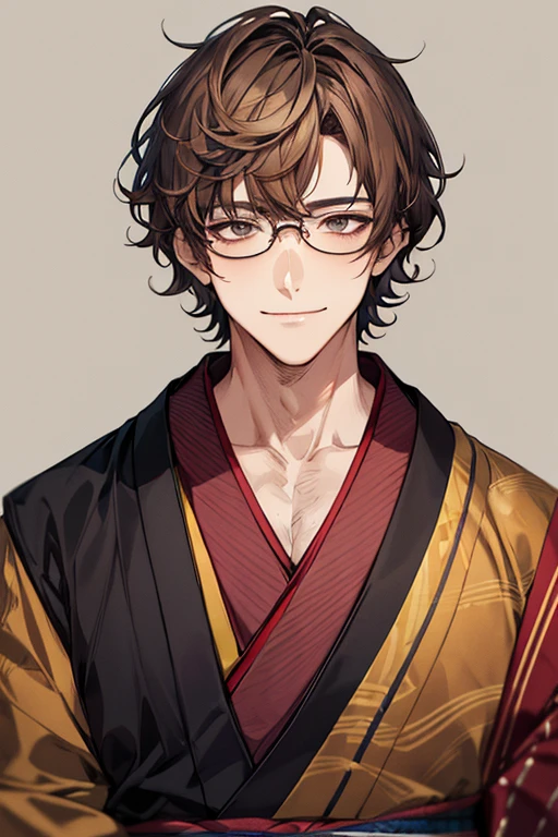 48-year-old boy, 1 person, Warm Skin, Mature Face, Head portrait, Short brown hair, Face focus, Adult, kimono, chest, Plain Kimono, A haggard smile, highest quality, Facial details., whole body, Lean body type, Glasses, Shaggy Hair, Perm, Vtuber,