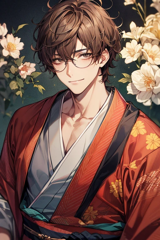 48-year-old boy, 1 person, Warm Skin, Mature Face, Head portrait, Short brown hair, Face focus, Adult, kimono, chest, Plain Kimono, A haggard smile, highest quality, Facial details., whole body, Lean body type, Glasses, Shaggy Hair, Perm, Vtuber,