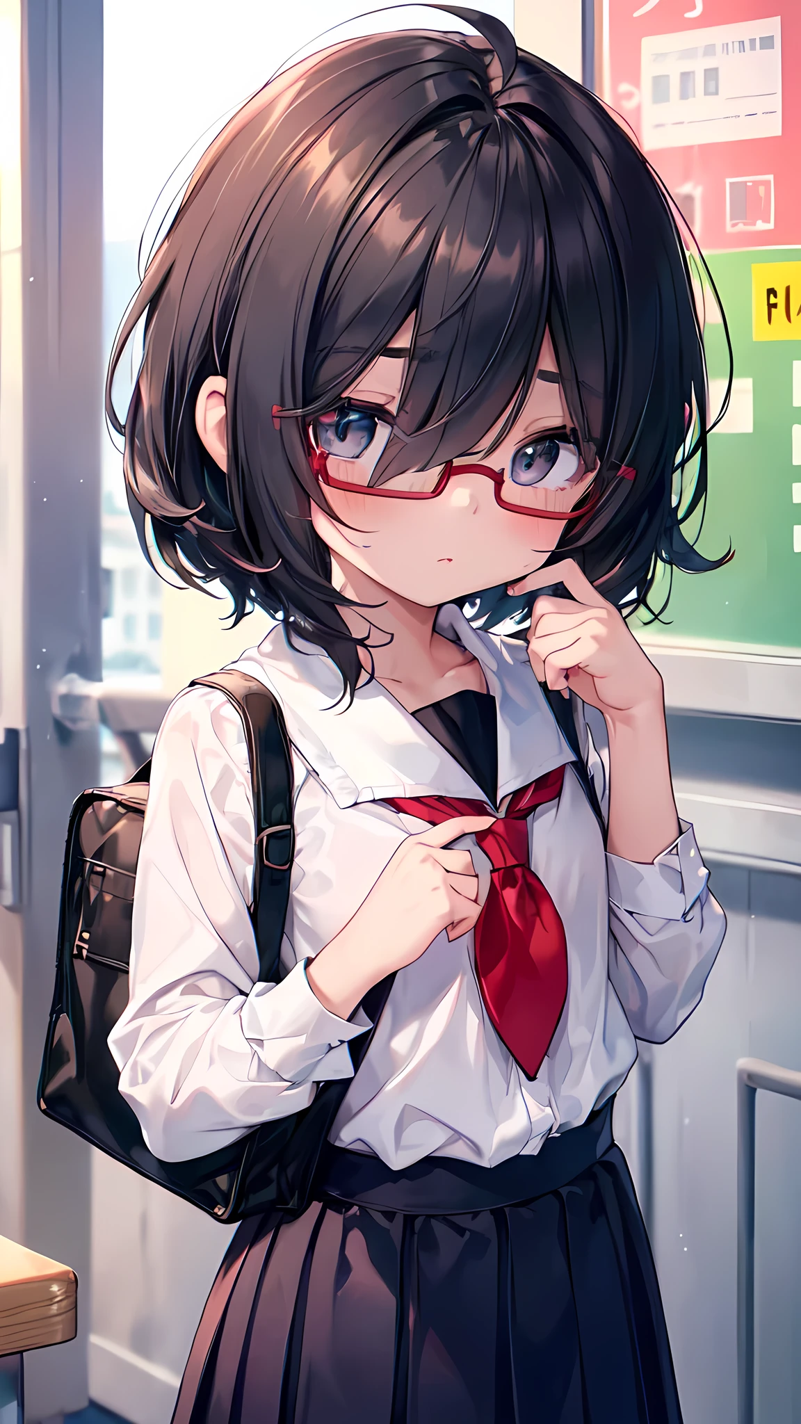 ((masterpiece, sidelighting, finely detailed beautiful eyes: 1.2)), ultra-detailed, ultra high res, professional lighting, high quality makeup, beautiful detailed eyes, beautiful, big eyes, drooping eye, ( girl:1.3), (elemenol uniform:1.2), (red school bag:1.2), (Loli:1.3), (petite body:1.3), (flat chest:1.2), blush cheek, blush body, moist eyes, black hair, short hair, ahoge, (hair over eyes:1.6), glasses, Extremely cute, (extremely detailed beautiful face), Authentic skin texture, beautiful hair, beautiful face, beautiful eyes, beautiful body, beautiful hands, standing, (face focus:1.6)